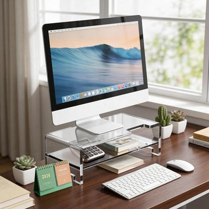 Acrylic Monitor Stand Riser Clear Laptop Stand 2-Tier L16 xW7.5 xH4.7 | Computer Monitor Stand Laptop Riser with Storage, Compatible with All Notebooks and Monitors, Desk Organizer for Home Office - size: 16''-2Tier