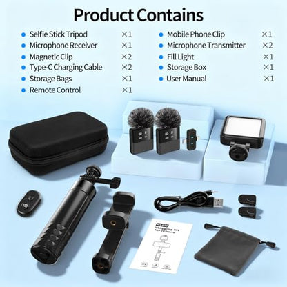 yAyusi Vlogging Kit for iPhone/Android，31" Selfie Stick Tripod with Light, Microphone, Remote Control ＆ Storage Boxes, YouTube Starter Kit for Interviews, Vlogs, TikTok, YouTube Video Recording