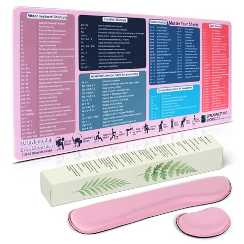 Excel Cheat Sheet Desk Pad Set, 3-Piece XXL Shortcut Mouse Pad with Keyboard and Wrist Rests, Non-Slip Office Mat, 35.5 x 15.8 in, Blush Pink - color: Blush Pink (XXL 3-Piece Set), size: 35.5L x 15.8W inches