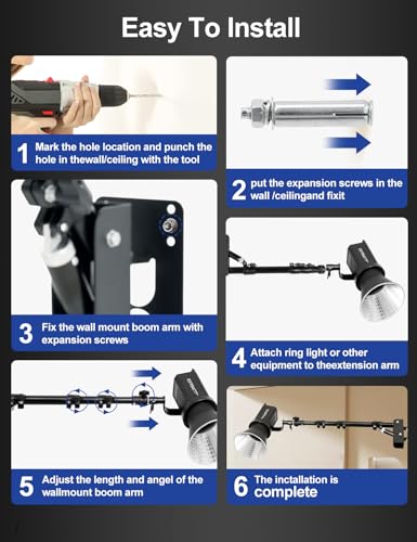 AMBITFUL Wall Mount Triangle Boom Arm, 43inch/110cm Adjustable Photography Light Bracket, 180° Rotatable Studio Wall Stand with 1/4" 3/8" Screws, 5kg Load for Barbershop Live Streaming Video Shooting - size: Boom Arm -110cm