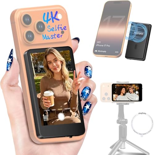 Moman Vlog Selfie Monitor Screen for iPhone 7-17 Series, 4K 60fps & Encrypted Private P2P Wireless, Magnetic Back Camera Monitor, 164 ft Range for TikTok, YouTube, Vlog Photo & Video Kits, Matte Black - color: Matte Black