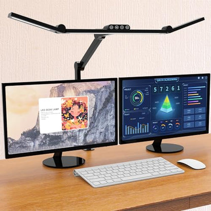 Micomlan Led Desk Lamp with Clamp, Architect Desk Lamp for Home Office with Atmosphere Lighting, 24W Ultra Bright Auto Dimming Computer Light Stepless Dimming and Tempering LED Table Light - color: Black