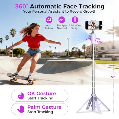 Funme 59'' Auto Face Tracking Tripod, 360° Rotation Selfie Stick for iPhone & Android with Wireless Remote, No App Required, Gesture Control for Vlog - color: Purple