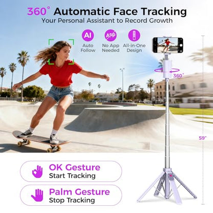 Funme 59'' Auto Face Tracking Tripod, 360° Rotation Selfie Stick for iPhone & Android with Wireless Remote, No App Required, Gesture Control for Vlog - color: Purple