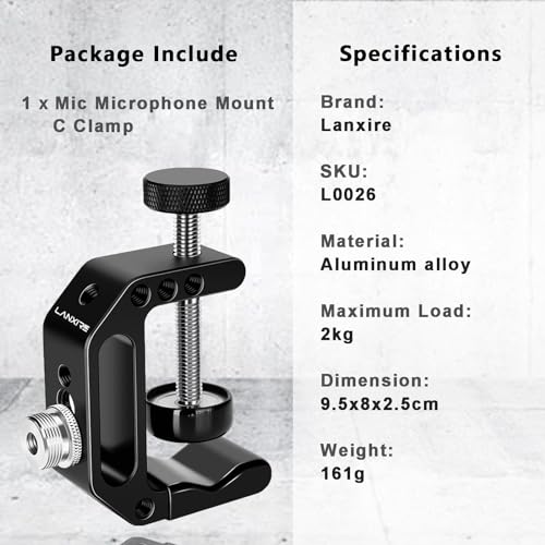 Microphone Holder C Clamp with 1/4" and 3/8" Threaded Holes, Mic Clip for Radio Studio, Podcast, Gaming, 5/8" Mic Screw Adapter for Microphones, Max Load 12lb / 5kg