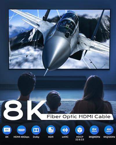 Cratree 8K Fiber Optic HDMI Cable Long 50FT - 48Gbps High-Speed 8K 60Hz,4K120Hz,HDCP 2.2&2.3, HDR10 - HDMI Cord Compatible with HDTV,Monitor,Projector - size: 50 FT (Fiber Optic)