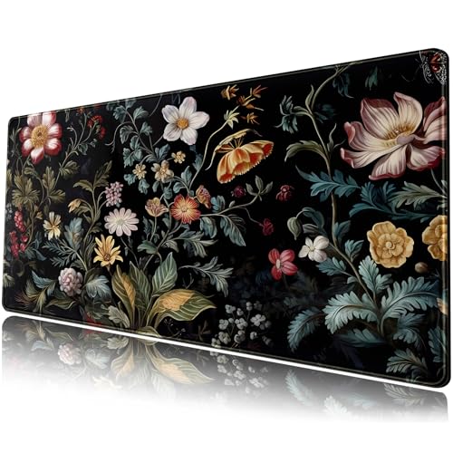 Dark Floral Desk Mat Vintage Aesthetic Desk Pad Flower Plant Black Extended Mouse Pad Large Gaming Mousepad XL Laptop Computer Mouse Keyboard Mat 31.5 x 11.8 in for Office Decor - color: Dark Floral