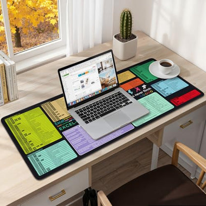 iCasso Excell Cheat Sheet Desk Mat, Excel Mouse Pad Shortcuts, Extended Large XXL Non-Slip Exel Mousepad with Stitched Edges,Keyboard Mats for Desktop Protector - color: Beige