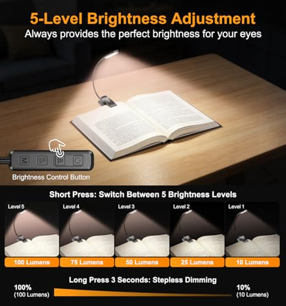 Gritin 2026 Gen 2 Book Light for Reading- 30 Eye Caring Full Spectrum LED | 5 Colors & 5 Brightness, Adjustable Wide/Narrow Beam, Upgrade 1500mAh Long-Lasting Rechargeable Clip on Light for Book Lovers - color: Black