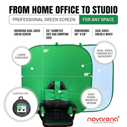 NOVARENA Green Screen Behind Chair Attachment Backdrop Kit – Portable Chroma Key for Streaming, Gaming, Video Calls, Virtual Background, Home Office, Photography – 5ft by 5ft, Reversible, Foldable