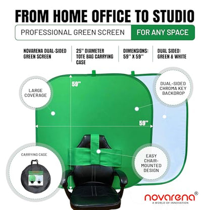 NOVARENA Green Screen Behind Chair Attachment Backdrop Kit – Portable Chroma Key for Streaming, Gaming, Video Calls, Virtual Background, Home Office, Photography – 5ft by 5ft, Reversible, Foldable
