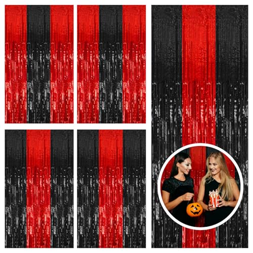 5 Pack Black and Red Backdrop Party Decorations Tinsel Curtain Halloween Party Streamer Foil Fringe Birthday Decorations Photo Booth Fancy Ball Christmas New Year Graduation Party Decor Decor - color: Black Red, size: 39.4"w X 78.7"l (Pack of 5)
