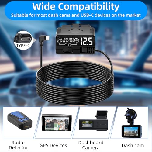 OBD2 to USB C Power Cable for Dash Cam, Plug and Play Dashcam Hardwire Kit with LED Voltmeter, 4-Level Low Voltage Protection (11.6V/11.9V/12.5V/20min), 12V-24V to 5V/3A for Parking Mode, 11.5ft/3.5M