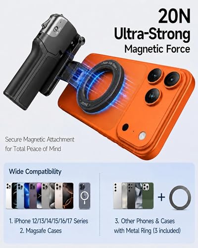 Magnetic Mini Selfie Stick Tripod for iPhone & Android, [MAX 19"] [Pocket 4.5"] 4-in-1 Phone Camera Grip with Rechargeable Shutter Remote for Creator Travel TikTok Vlogging (Up-Black) - color: New Black