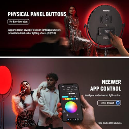NEEWER 18" RGB LED Round Panel Video Light with APP Control, 65W 6000Lux/0.5m 2500K-8500K RGBCW Photography Studio Lighting /18 Scenes/V Battery Powered for Outdoor Filming Recording Streaming, GR18C
