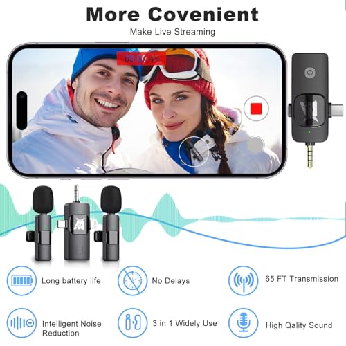 Aarkani Wireless Lavalier Microphone 3-in-1 for iPhone, Android, DSLR Camera – Dual Mic Set with Receiver (Lightning, USB-C, 3.5mm), Plug & Play for Video Recording, YouTube, Vlog, Interview