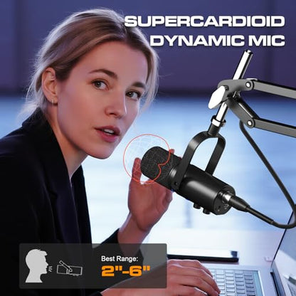 PUPGSIS Podcast Dynamic Microphone, XLR/USB Recording PC Microphones for Broadcast, Podcast, Recording, Gaming & Streaming, Studio Mic with Mute, Headphone Jack, Monitoring Volume Control, Windscreen - size: With Desk Stand