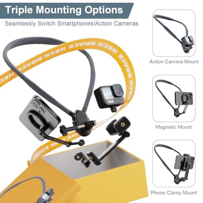 Neck Phone Holder for Recording, Magnetic Neck Mount for Phones, Hand Free Cell Phone Holder with Anti-Vibration Chest Strap for Recording POV/Vlog Video Selfie, Compatible with iPhone, Android, Gray