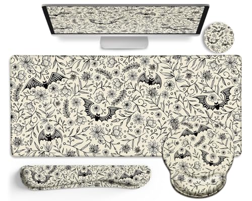 LIMKRIAN Goth Bat Ergonomic Mouse Pad Set, Large Desk Mat for Desktop | Comfort Wrist Rest for Computer Keyboard Mat Wrist Support, Coaster, Gothic Gaming Office Desk Accessories Decor Supplies - color: XXL-Goth Bat