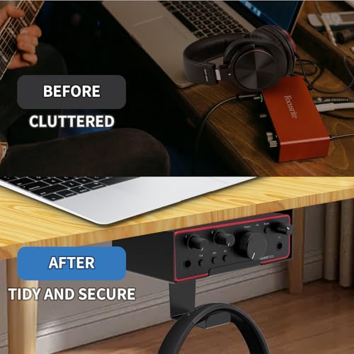 Under Desk Mount for Focusrite Scarlett Solo 3rd Gen/Solo 4th Gen with Headphone Hanger Stand,Under Desk Metal Shelf Organizer for Audio Interfaces and Studio Gear (Black Holder Only)