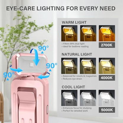 KTEBO Rechargeable Book Light with Clip & Battery Indicator, 9 Luminescence Modes, USB-C Portable 1.6 oz Ultralight Lamp for Night Reading in Bed, Readers - Pink - color: Pink
