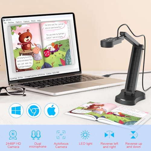 8MP Document Camera, Doc Camera, USB Webcam for Teachers and Classroom, for A3 A4 Size, Built-in Mic, LED Light, Image Inverst, for Windows, Mac, Chromebook, Distance Teaching