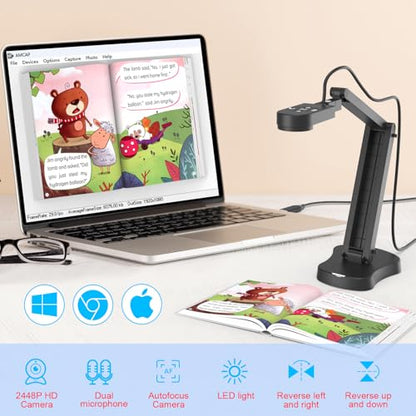 8MP Document Camera, Doc Camera, USB Webcam for Teachers and Classroom, for A3 A4 Size, Built-in Mic, LED Light, Image Inverst, for Windows, Mac, Chromebook, Distance Teaching