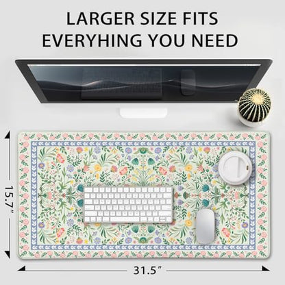 Green Floral Desk Mat, 31.5"x15.7" Large Mouse Pad, Anti-Slip Rubber Base Keyboard Pad with Stitched Edges, Water-Resistant Smooth Desk Blotter, Computer Mat for Home Office Desk - color: Green Floral