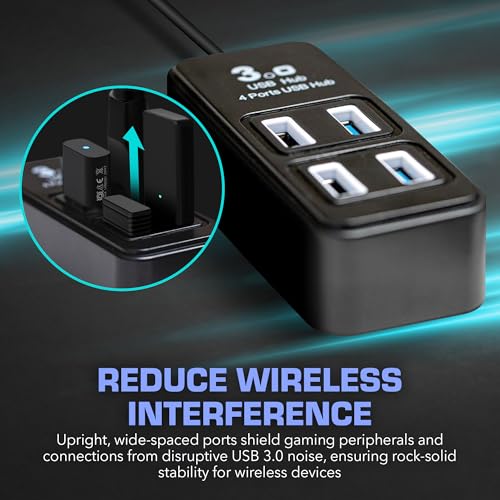 Rebuff Reality 4 Port USB Hub, Dongle USB 3.0 Hub for Wireless Interference Reduction for Gaming, Stable Connection & Lag-Free for Mouse, Keyboard, Headset, Compatible with PC, Mac, Xbox, PlayStation - size: 4-PORT
