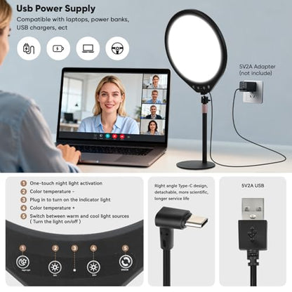10W 12" Ring Light with Desk Stand & Phone Holder, Dimmable 360° Rotatable LED Full Screen Computer Lamp for Zoom Meetings, Streaming, Gaming, TikTok,YouTube,Videos with Night Light Mode