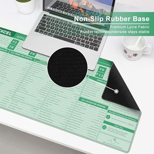 Baziabbo Office Desk Mat, Excel Cheat Sheet Keyboard Mat, Excel Shortcut Desk Pads,Non-Slip Excel Mousepad with Stitched Edges for Computer (Sheet Green) - color: Sheet Green