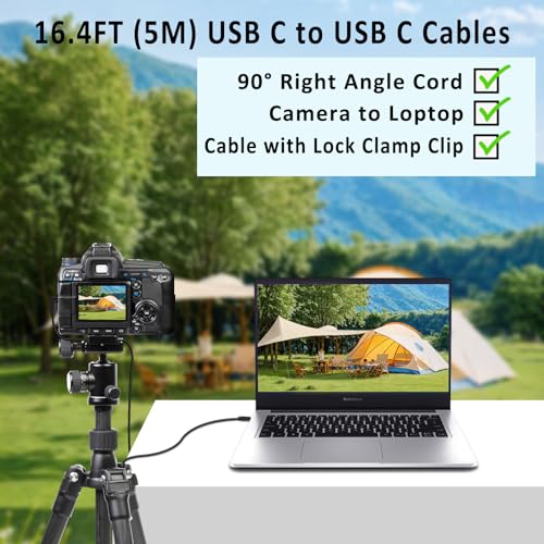 Jelanry Camera Tether Cable USB C to USB C 90° Right Angle, for Power Delivery, 5Gbps Data Transfer, Charging Between Camera & Computer+ Tethering Cable Lock Clamp for Sony Canon Nikon, 16.4 feet 5m - size: Straight+Elbow
