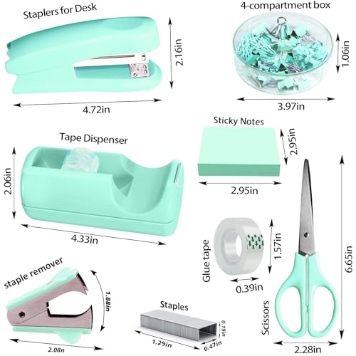 Green Office Desk Accessories, Green Office Supplies Set, Desk Drawer Organizer,Stapler and Tape Dispenser Set,Tape,Staple Remover, Staples, Paper Clips, Scissor and Sticky Note - color: Green