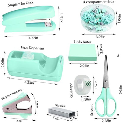 Green Office Desk Accessories, Green Office Supplies Set, Desk Drawer Organizer,Stapler and Tape Dispenser Set,Tape,Staple Remover, Staples, Paper Clips, Scissor and Sticky Note - color: Green