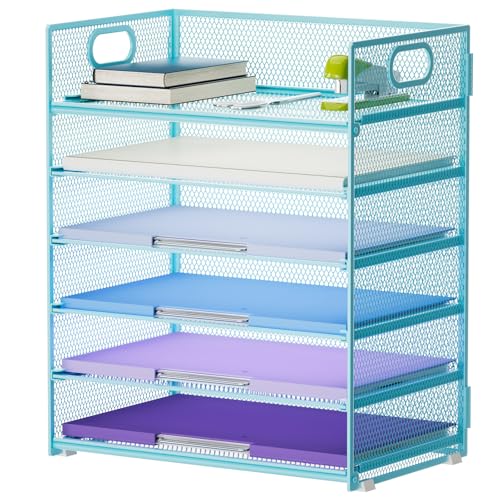 Marbrasse 6 Tier Paper Organizer Letter Tray - Mesh Desk File Organizer with Handle, Paper Sorter for Letter/A4 Office File Folder Holder -Blue - color: 6 Tier - Blue