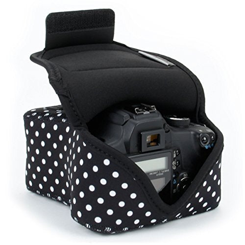 USA Gear Camera Sleeve (Medium) for Compact SLRs Compatible with Canon EOS R100 Nikon Z30 Sony ZV-E10, and more - Padded Neoprene DSLR Case with Zipper Accessory Pocket & Belt Loop (Polka Dot) - color: Polka Dot, size: Compact SLR