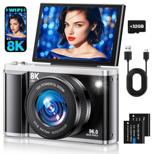 8K Digital Camera for Photography with WiFi 96MP Autofocus Vlogging Camera for YouTube Video 3.5'' 180°Flip Screen 20X Zoom Anti-Shake Compact Point and Shoot Cameras for Beginner Creator with SD Card