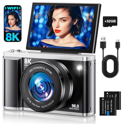 8K Digital Camera for Photography with WiFi 96MP Autofocus Vlogging Camera for YouTube Video 3.5'' 180°Flip Screen 20X Zoom Anti-Shake Compact Point and Shoot Cameras for Beginner Creator with SD Card