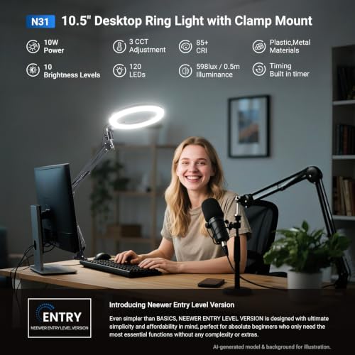 NEEWER Entry Level Version 10.5" Overhead Desktop LED Ring Light, Clamp Stand for Desk/Remote/Phone Holder Compatible with iPhone, 10W Streaming Recording Selfie Laptop Video Conference Lighting, N31