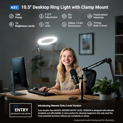 NEEWER Entry Level Version 10.5" Overhead Desktop LED Ring Light, Clamp Stand for Desk/Remote/Phone Holder Compatible with iPhone, 10W Streaming Recording Selfie Laptop Video Conference Lighting, N31