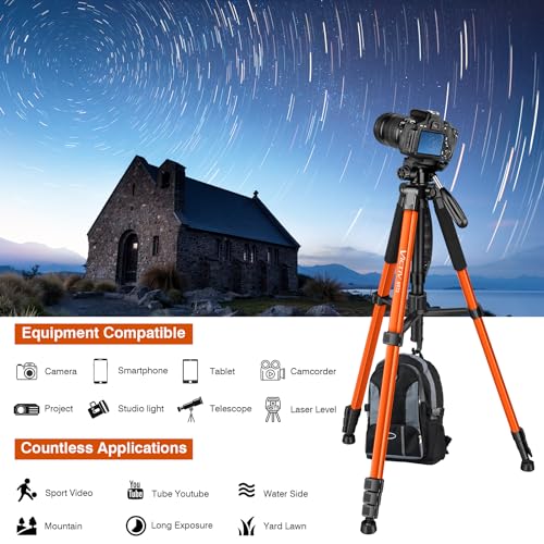 Tripod for Camera, 72" Tall Camera Tripod & Monopod with Remote, Professional Heavy Duty Compact Camera Stand for Phone, DSLR, Spotting Scope, Telescope, Binocular - color: Orange