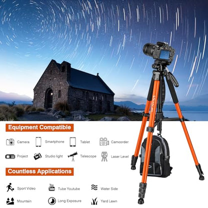 Tripod for Camera, 72" Tall Camera Tripod & Monopod with Remote, Professional Heavy Duty Compact Camera Stand for Phone, DSLR, Spotting Scope, Telescope, Binocular - color: Orange