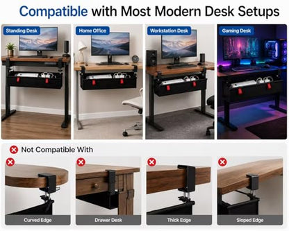 Under Desk Cable Management Tray, 90CM Extra Large, No-Drill Clamp Mount Cable Organizer, Hide Power Strips, Adapters & Wires, Easy Access Fabric Cable Basket for Standing Desks & Home Offices