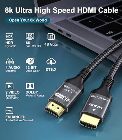 Certified 10K 8K 4K HDMI 2.1 Cable 15FT, 48Gbps Ultra High Speed HDMI® Cord | Ethernet CEC 4K 240Hz 165Hz 144Hz 120Hz 8K 60Hz eARC Netflix HDCP2.3 HDR10+ PC Laptop RTX5090 TV Monitor Projector X-box PS5 - size: 16.4 ft