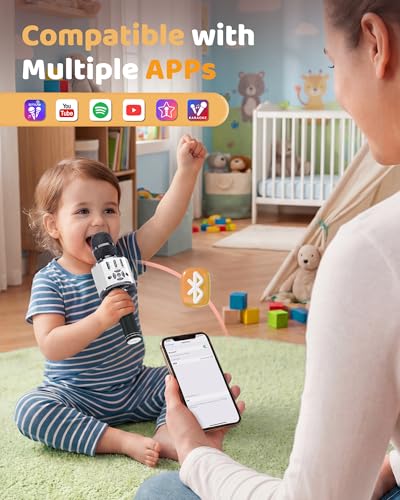 Amazmic Kids Karaoke Microphone Machine Toy Bluetooth Microphone Portable Wireless Karaoke Machine Handheld with LED Lights, Gift for Children Adults Birthday Party, Home KTV(Gray) - color: Gray