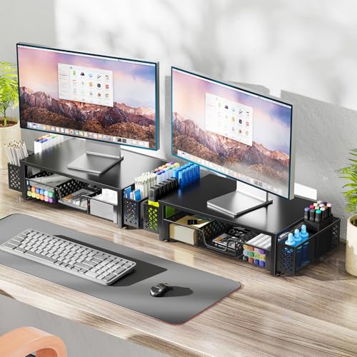 Simple Trending Desk Organizer and Accessories, 2-Tier Computer Monitor Stand Riser with Drawer & 2 Pen Holders, Office Desk Accessories & Workspace, Laptop & Printer Stand for Desktop, Black - size: 18.5"W x 9.5"D x 4.75"H