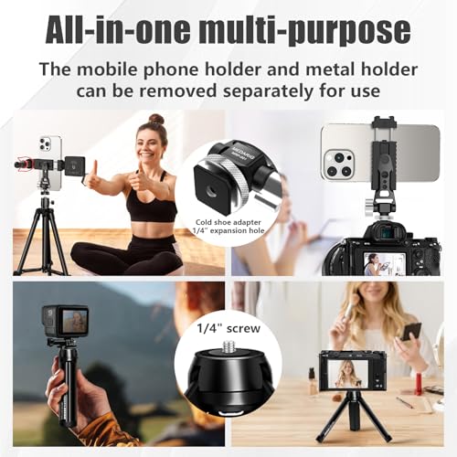 Aluminum Tripod Stand Mount Universal Smartphone Adapter with Cold Shoe Mount,360°Adjustable Cellphone Clamp Tripod Stand Holder,Compatible for iPhone,Samsung Galaxy and Cameras.