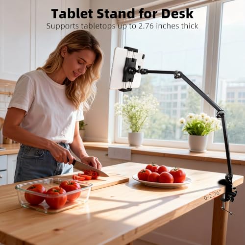 Tablet Stand Holder for Desk and Bed, Adjustable Aluminum Foldable Arm iPad Mount Clamp on Table Compatible with iPad Air Mini, Galaxy Tabs, 4.7-12.9" Tablets and Phones - size: N6L