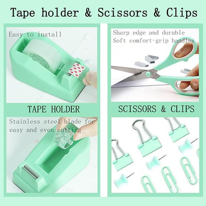 Dimonluce Green Office Supplies, Teal Desk Accessories Accessories with Tape Dispenser, Stapler, Staple Remover, 1000 Staples, Tape, Clips Set, Ruler, Scissor, Pen - color: Green