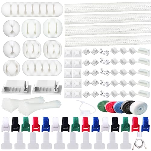 ELII 300PCS White Cable Management Kit,4 Cable Sleeve 35 Cable Clips | 11Cord Holders,20 Roll Cable Organizer Straps,200 Fastening Cable Ties,20 Cable Zip Tie Mounts for Under Desk - color: White